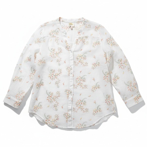 fig and flower embroidered sheer tunic shirt white floral print button up XL - Picture 2 of 8